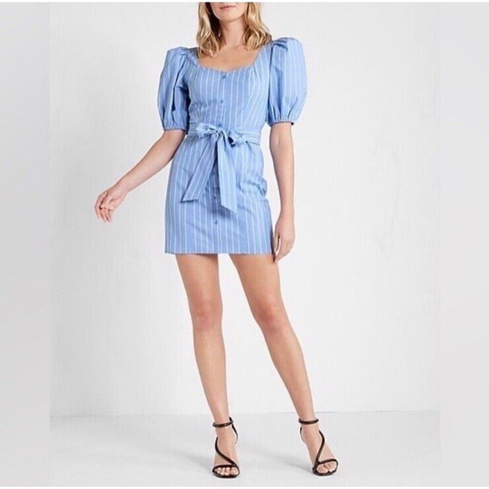 Express Stripped Puff Sleeve Belted Mini Dress in Blue Size Small